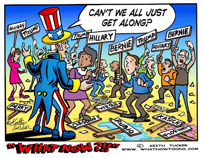 bernie,hillary,trump,jeb,rubio,fiorina,perry,carson,christie,kasich,webb,election 2016,democrats,gop,political cartoons, bernie sanders, Hillary Clinton, US Elections, election rally violence, 