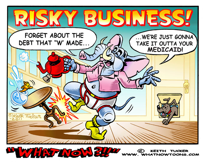 Debt Ceiling Risky Business debt ceiling, House Speaker John A. Boehner,Obama,Eric Cantor,Harry Reid,Senate,Democrats,tea party,risky business,U.S. government,Treasury Secretary Timothy F. Geithner, political cartoons,liberal cartoons,Congress,U.S. economic stability,Medicare
