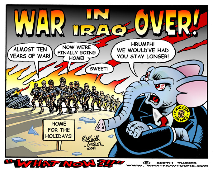 Iraq war over,President Obama,gop, recent political cartoons,home for the holidays,campaign promise, depleted treasury,mission accomplished,2012,American troops ,withdrawal,weapons of mass destruction, war of choice,shock and awe,IED,coalition of the willing,surge,Iraqi government, United States, White House, Mitt Romney,Republicans ,Rick Perry,gop hopefuls,Michele Bachmann,tea party,troops