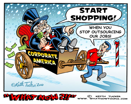 shopping,holiday shopping, Christmas,jobs,outsourcing,corporate america,middle class,retail sales,political cartoons,liberal,progressive,Cyber Monday, unemployment,Black Friday,Stores, editorial illustration,tea party,aflcio,unions,pocketbook,downsized