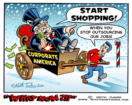 Start Shopping! shopping,holiday shopping, Christmas,jobs,outsourcing,corporate america,middle class,retail sales,political cartoons,liberal,progressive,Cyber Monday, unemployment,Black Friday,Stores, editorial illustration,tea party,aflcio,unions,pocketbook,downsized