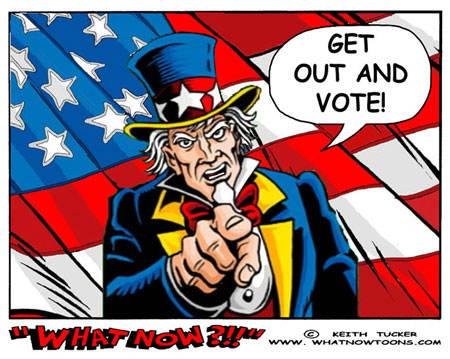 Vote with your brain, not your emotions! vote, voting, democracy, elections,polling place, political cartoons, US, federal, state, candidates, ballot measures, issues, legislation, national, political,liberal,Constitutional Rights,rock the vote, patriotic,register