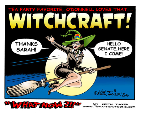 Tea Party Favorite O'Donnell Dabbled in Witchcraft! Delaware, GOP, Senate, candidate, Christine O`Donnell, tea party, sarah palin,2010 election,political cartoons,HBO`s Real Time, Bill Maher,witchcraft,satanic altar,Republican