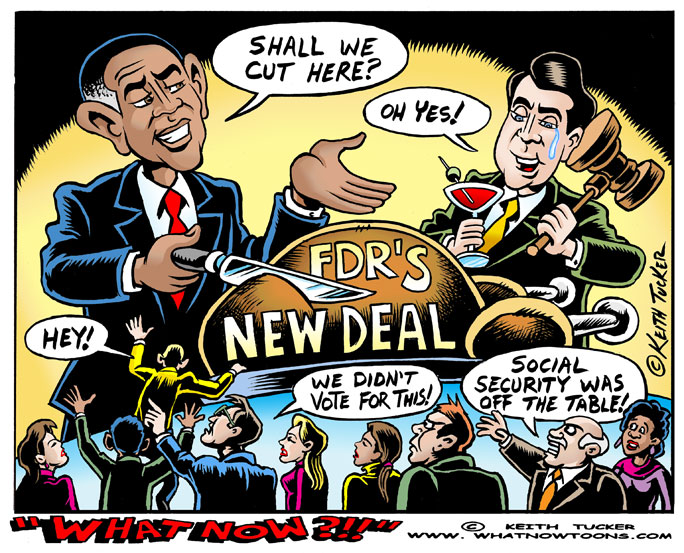 Social Security In Fiscal Cliff Offer! Barack Obama , John Boehner, Obama Middle Class, Obama Social Security, Chained CPI, Fiscal Cliff, Fiscal Cliff, Obama Fiscal Cliff, Obama Negotiations, Medicare, Obama New Fiscal Cliff Offer, Obama Tax Cuts, Politics News, political cartoons,payroll tax holiday,Republicans, FDR's New Deal