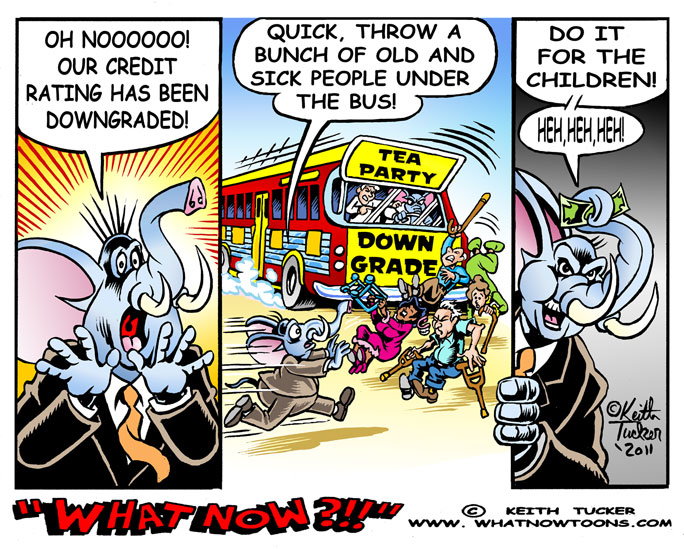 The Tea Party Downgrade! Tea Party downgrade,economy,2012,Republicans,debt ceiling,stock market,barack obama,jobs,congress,political cartoons,US credit rating,social security,2003 tax cuts,default,Deficit Hostages,GOP,S&P,progressives,liberal cartoons,satire,political humor,debt