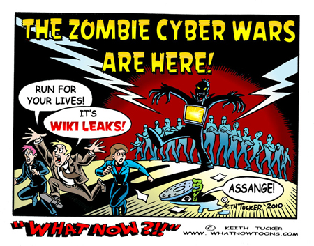WikiLeaks , Julian Assange,  hackers, Anonymous,hacker network,Cyber attacks,Operation: Payback,cyber army,zombies,cartoons,political,hacktivist,zombie army,computers,the Internet,editorial cartoons,liberal cartoons,websites